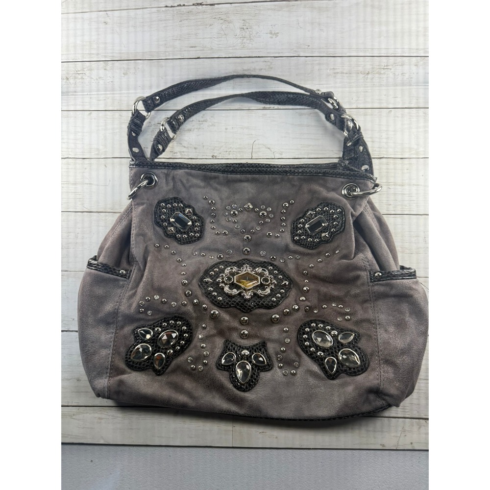 Kathy Van Zeeland Gray Faux Suede Crystal Studded Hobo Bag Purple Zebra Lining